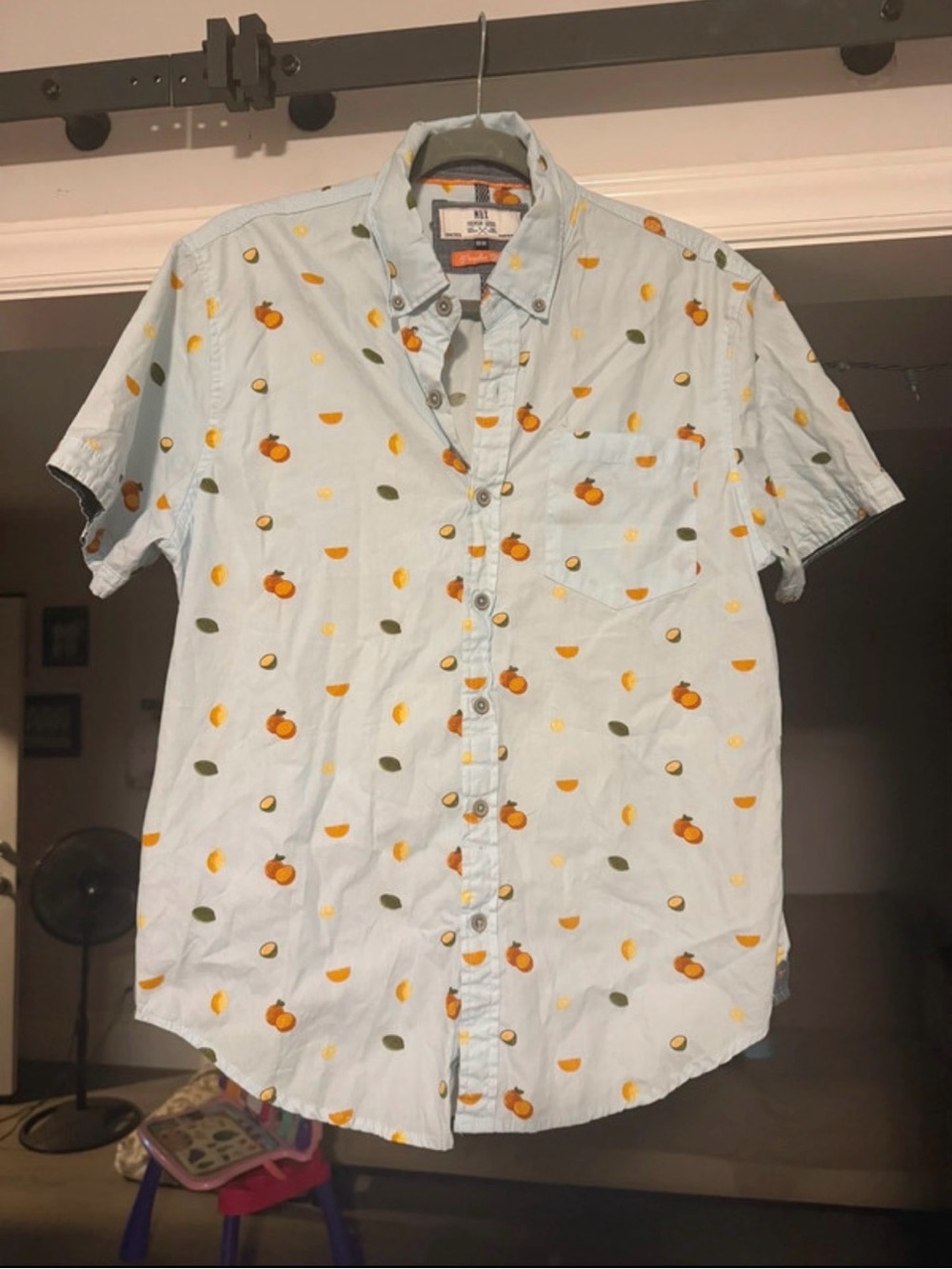 Men's Light Blue Short-Sleeve Button-Down Shirt with Orange Print